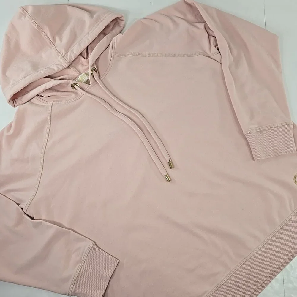 MICHAEL KORS LIGHT PINK PULLOVER HOODIE WITH A GOLD-TONE LOGO WOMENS SIZE XL EUC - Picture 1 of 16